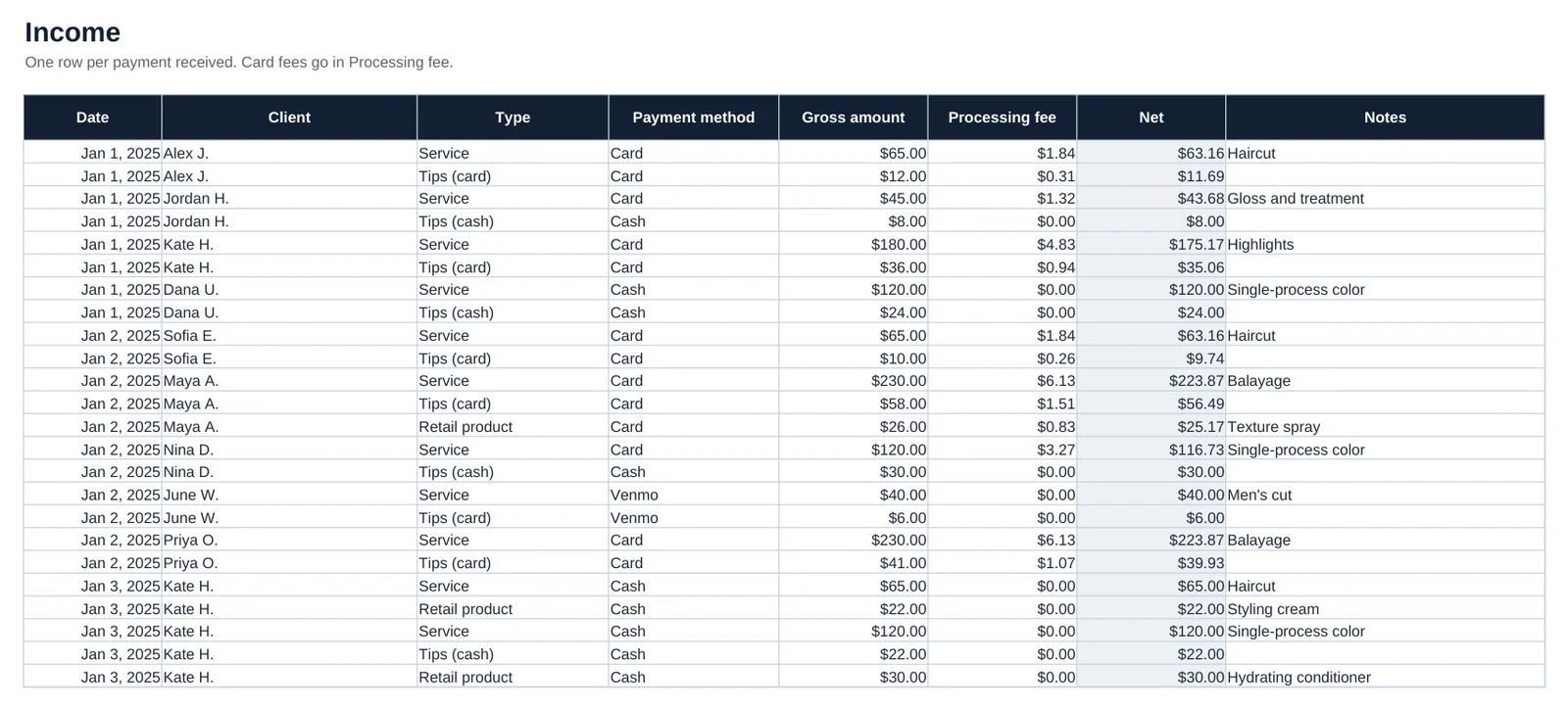 Screenshot of the Income tab in Salon Booth Renter Bookkeeping: Every payment you receive, one row each.