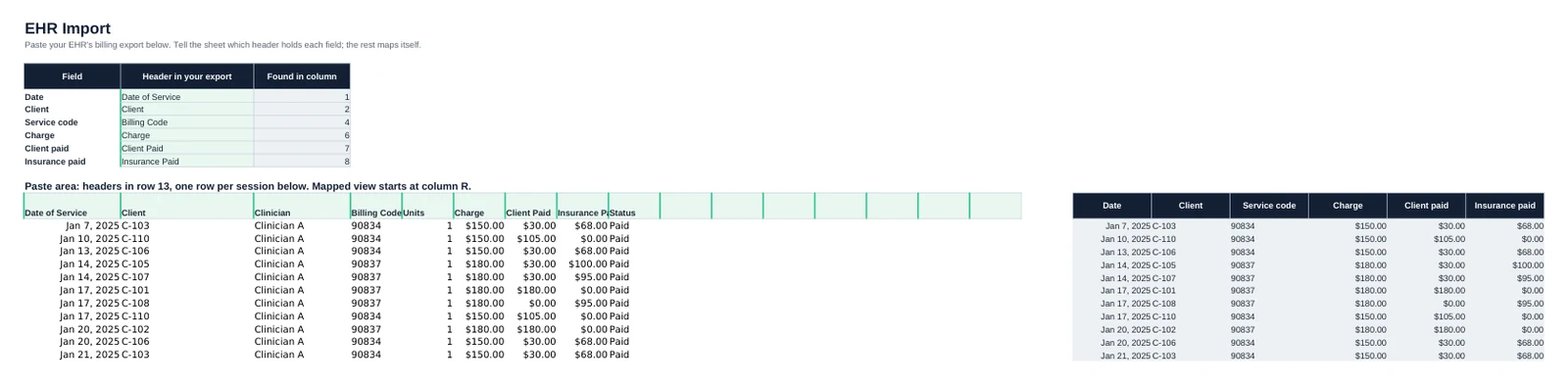 Screenshot of the EHR Import tab in Private Practice Therapist Bookkeeping: Paste your EHR billing export and map its columns once.